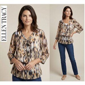 ELLEN TRACY - Tie front printed peplum blouse